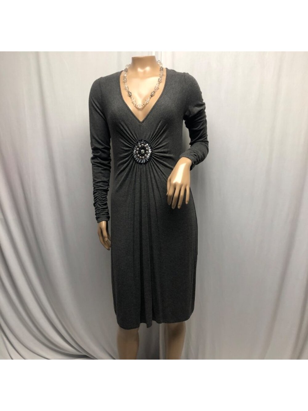 Ice Gray Dress Womens Size 6 Gathered Embellished Waist Long Sleeve Soft Evening
